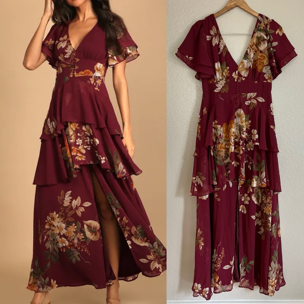 Lulus Midnight Mood Burgundy Floral Print Tiered Maxi Dress